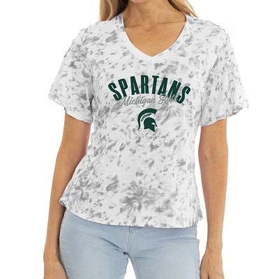 Women's White/Gray Michigan State Spartans Faye Tie-Dye V-Neck T-Shirt