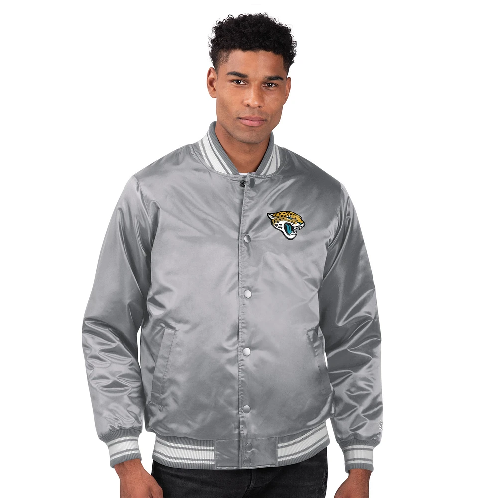 Men's Starter Gray Jacksonville Jaguars Printed Team Logo Satin Varsity Full-Snap Jacket