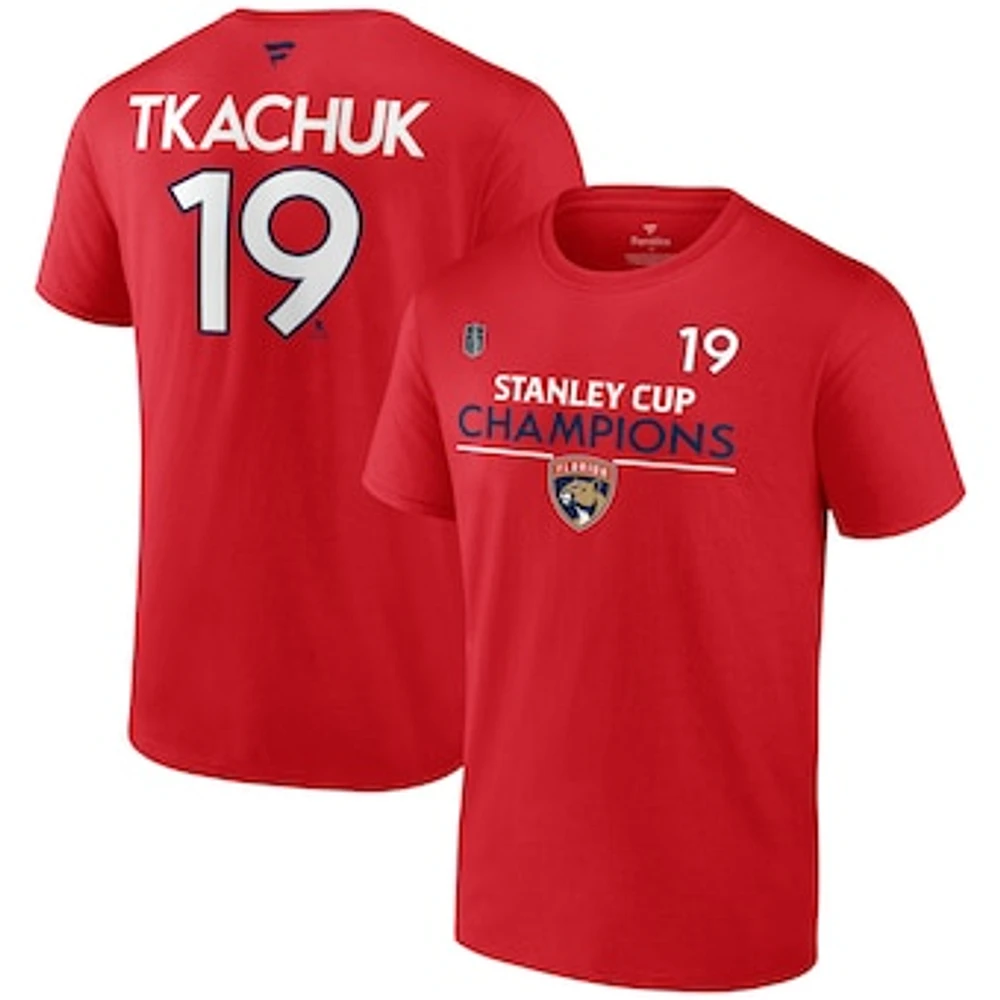 Men's Fanatics Matthew Tkachuk Red Florida Panthers 2024 Stanley Cup Champions Authentic Pro Name & Number T-Shirt