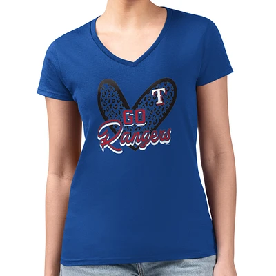Women's G-III 4Her by Carl Banks Royal Texas Rangers Leopard Heart Fitted V-Neck T-Shirt
