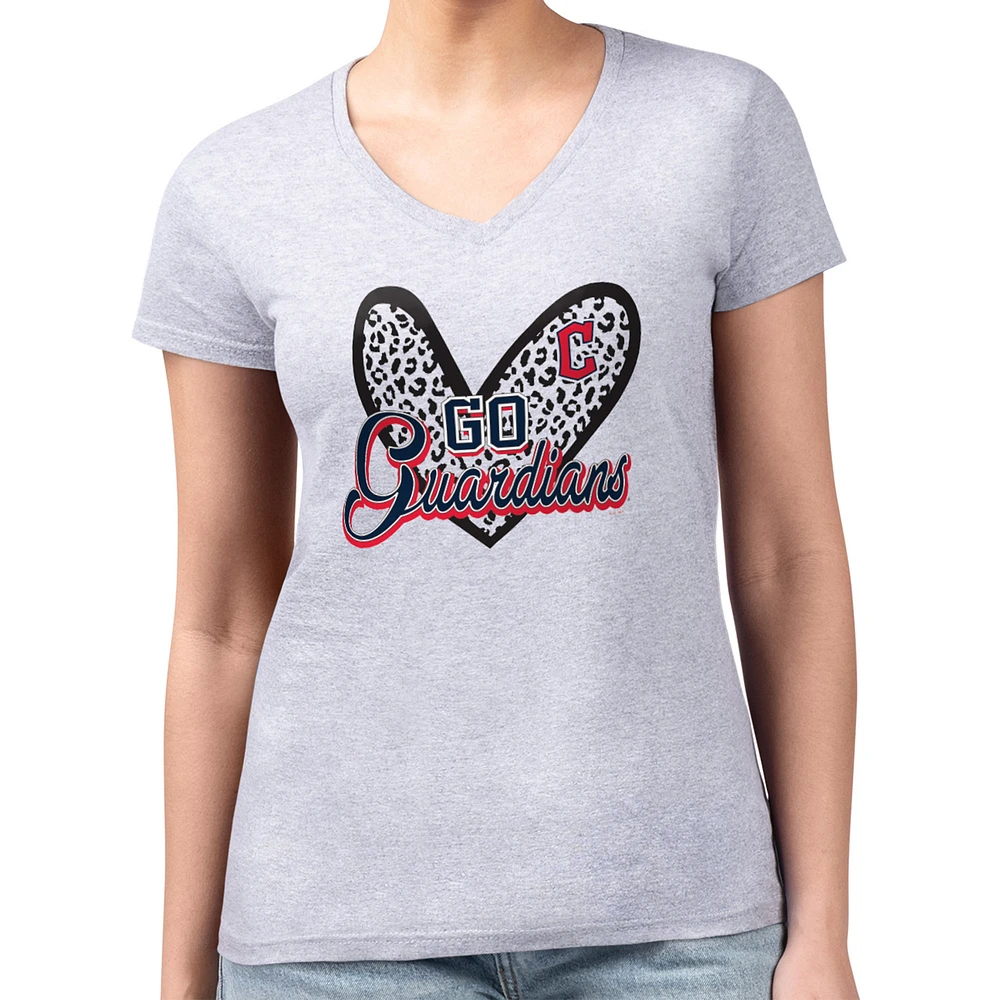 Women's G-III 4Her by Carl Banks Heather Gray Cleveland Guardians Leopard Heart Fitted V-Neck T-Shirt