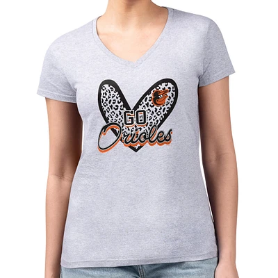 Women's G-III 4Her by Carl Banks Heather Gray Baltimore Orioles Leopard Heart Fitted V-Neck T-Shirt
