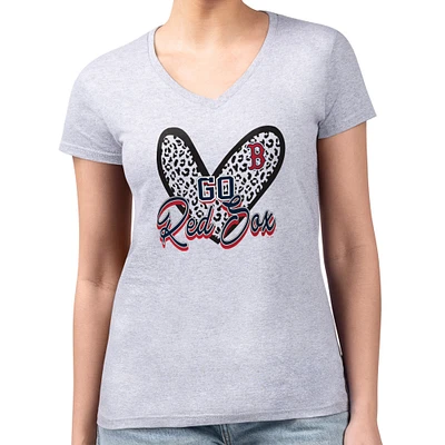 Women's G-III 4Her by Carl Banks Heather Gray Boston Red Sox Leopard Heart Fitted V-Neck T-Shirt