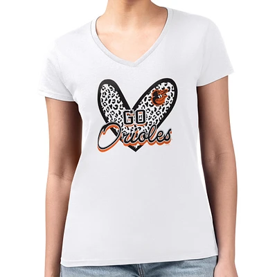 Women's G-III 4Her by Carl Banks White Baltimore Orioles Leopard Heart Fitted V-Neck T-Shirt