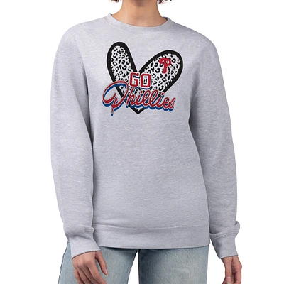 Women's G-III 4Her by Carl Banks Heather Gray Philadelphia Phillies Leopard Heart Pullover Sweatshirt