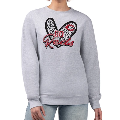 Women's G-III 4Her by Carl Banks Heather Gray Cincinnati Reds Leopard Heart Pullover Sweatshirt