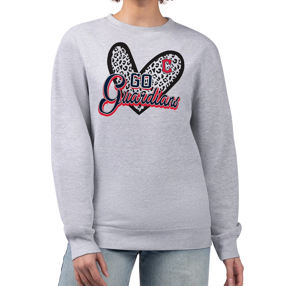 Women's G-III 4Her by Carl Banks Heather Gray Cleveland Guardians Leopard Heart Pullover Sweatshirt