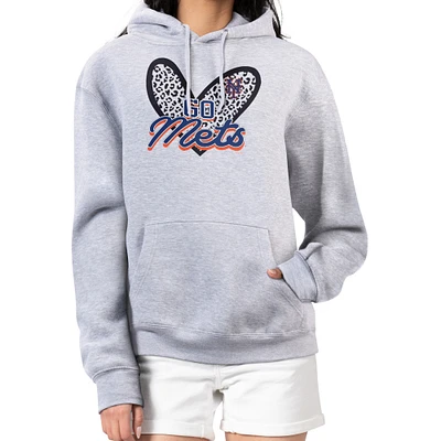Women's G-III 4Her by Carl Banks Heather Gray New York Mets Leopard Heart Pullover Hoodie
