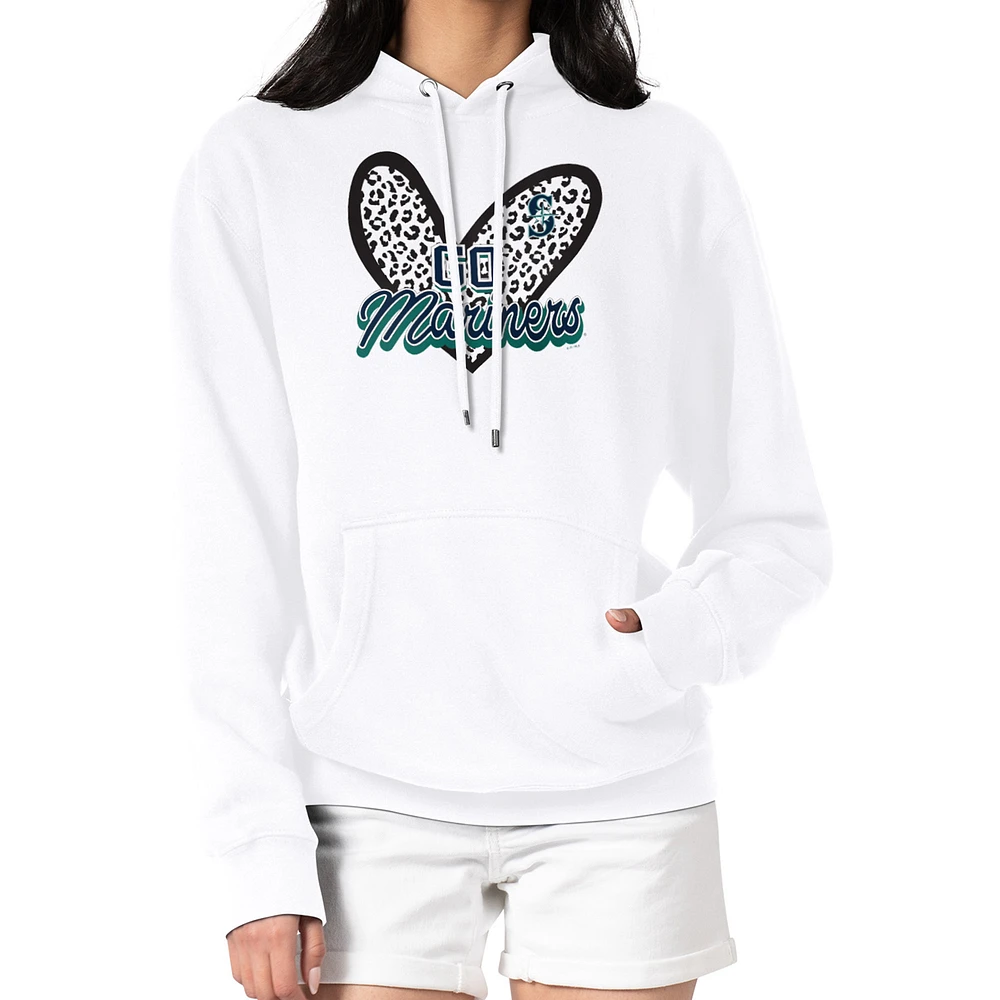 Women's G-III 4Her by Carl Banks White Seattle Mariners Leopard Heart Pullover Hoodie