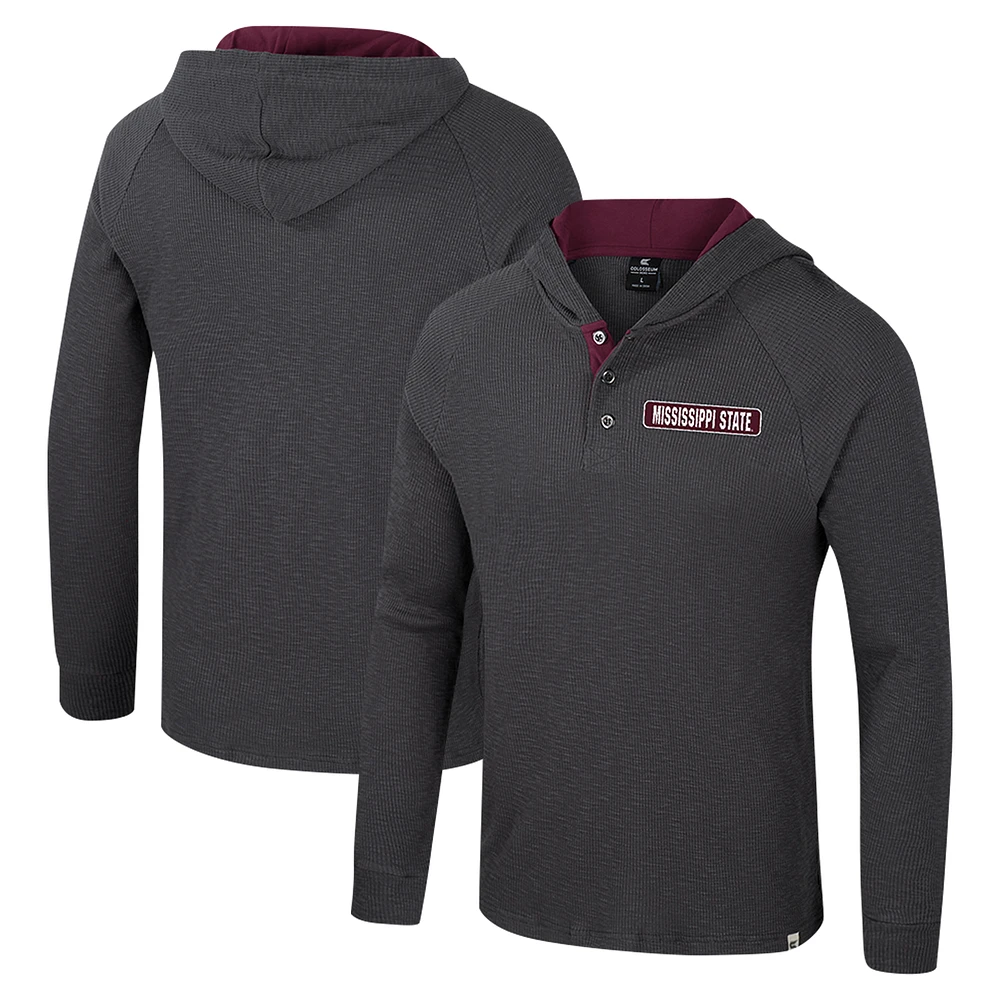 Men's Colosseum  Charcoal Mississippi State Bulldogs Dujour Ralgan Long Sleeve Henley Hoodie T-Shirt