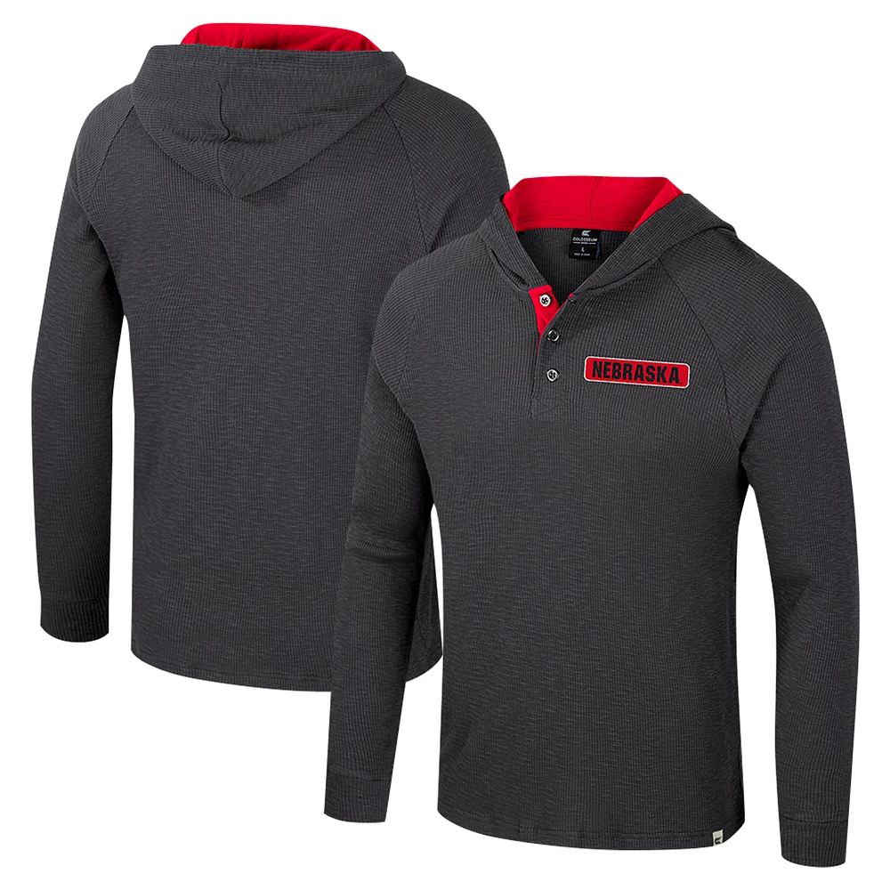 Men's Colosseum  Charcoal Nebraska Huskers Dujour Ralgan Long Sleeve Henley Hoodie T-Shirt