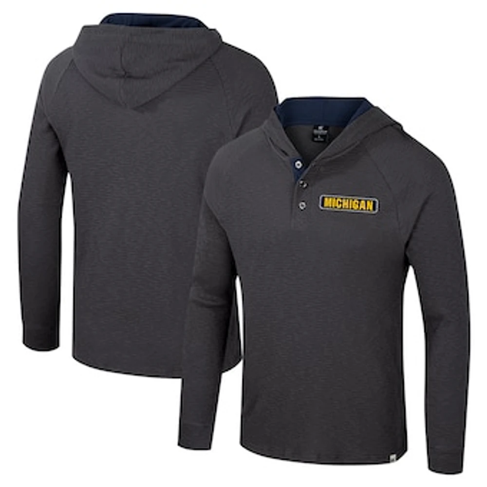 Men's Colosseum  Charcoal Michigan Wolverines Dujour Ralgan Long Sleeve Henley Hoodie T-Shirt