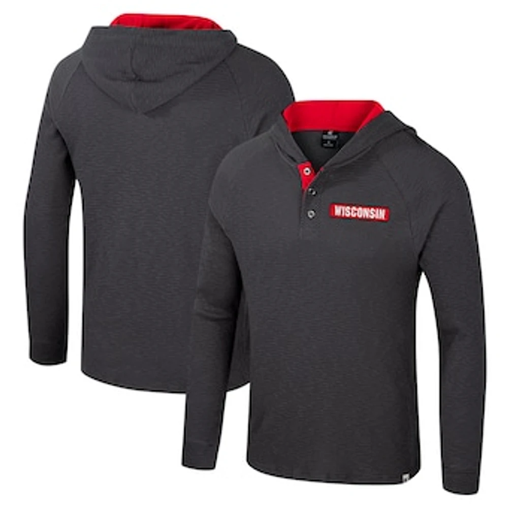 Men's Colosseum  Charcoal Wisconsin Badgers Dujour Ralgan Long Sleeve Henley Hoodie T-Shirt