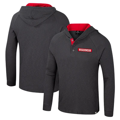 Men's Colosseum  Charcoal Wisconsin Badgers Dujour Ralgan Long Sleeve Henley Hoodie T-Shirt