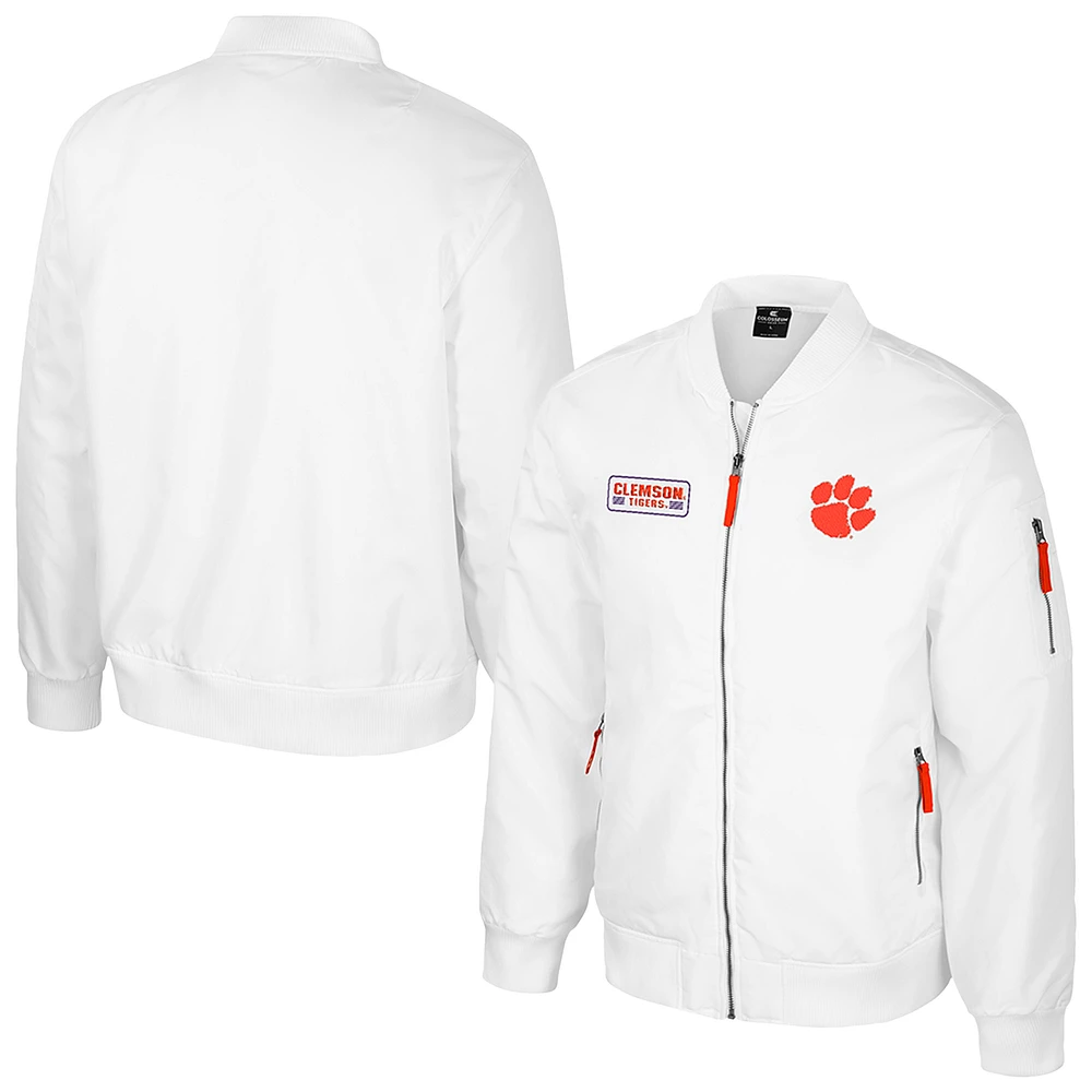 Men's Colosseum Clemson Tigers White Rabbit Full-Zip Bomber Jacket