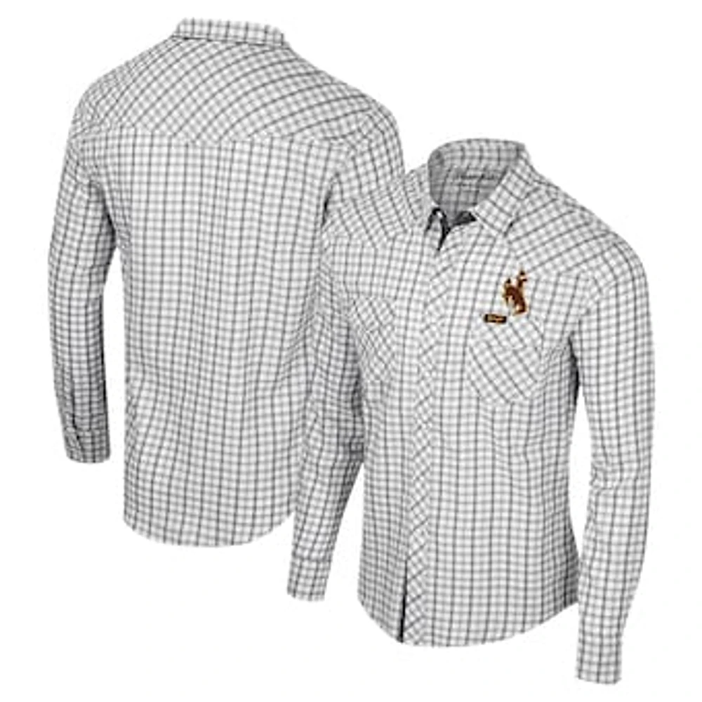 Men's Colosseum x Wrangler White Wyoming Cowboys Plaid Window Pane Long Sleeve Full-Snap Shirt