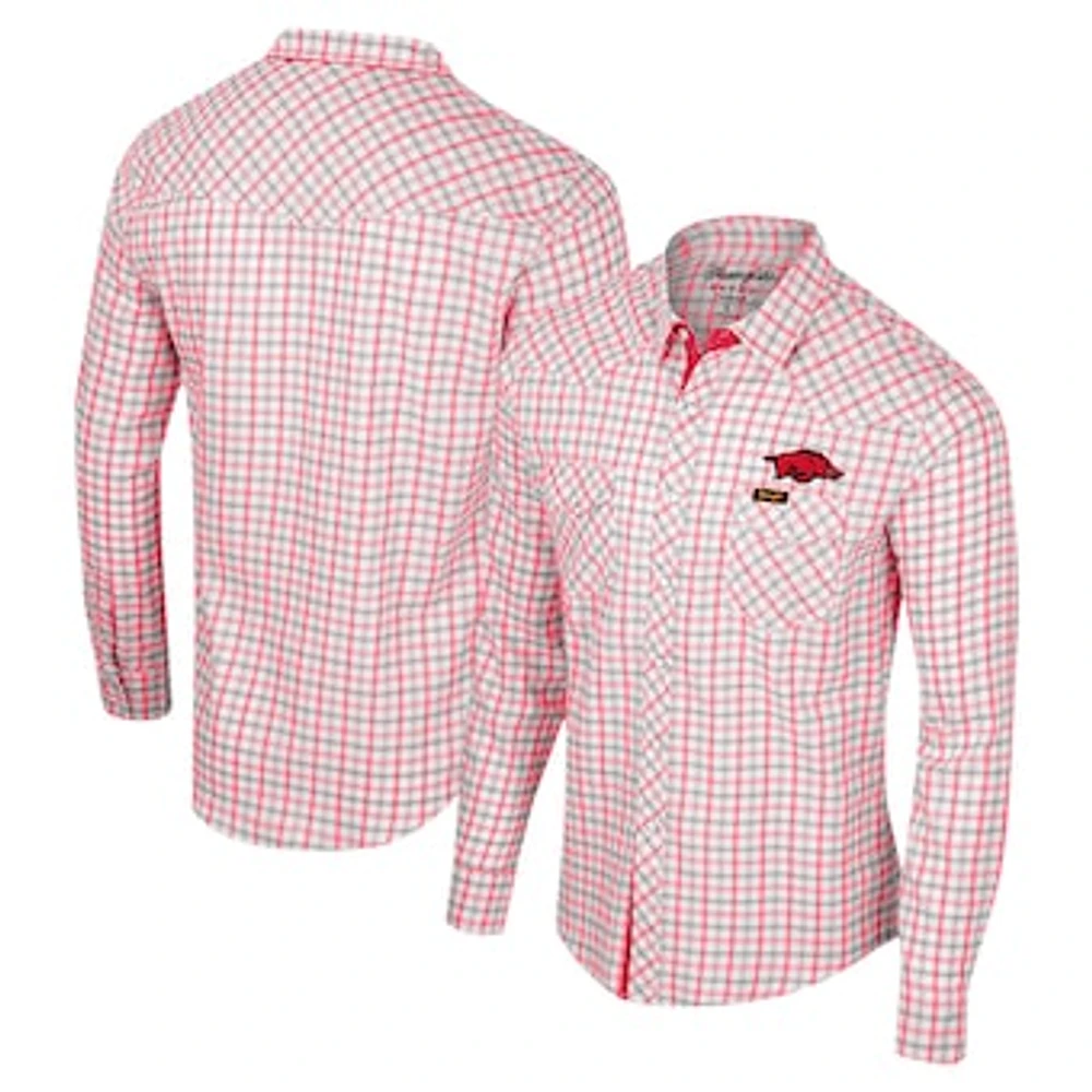 Men's Colosseum x Wrangler White Arkansas Razorbacks Plaid Window Pane Long Sleeve Full-Snap Shirt