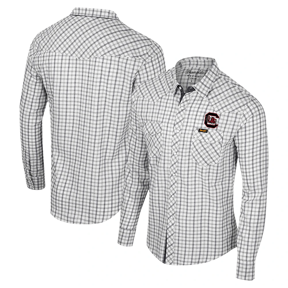 Men's Colosseum x Wrangler White South Carolina Gamecocks Plaid Window Pane Long Sleeve Full-Snap Shirt