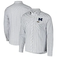 Men's Colosseum x Wrangler White Michigan Wolverines Plaid Window Pane Long Sleeve Full-Snap Shirt