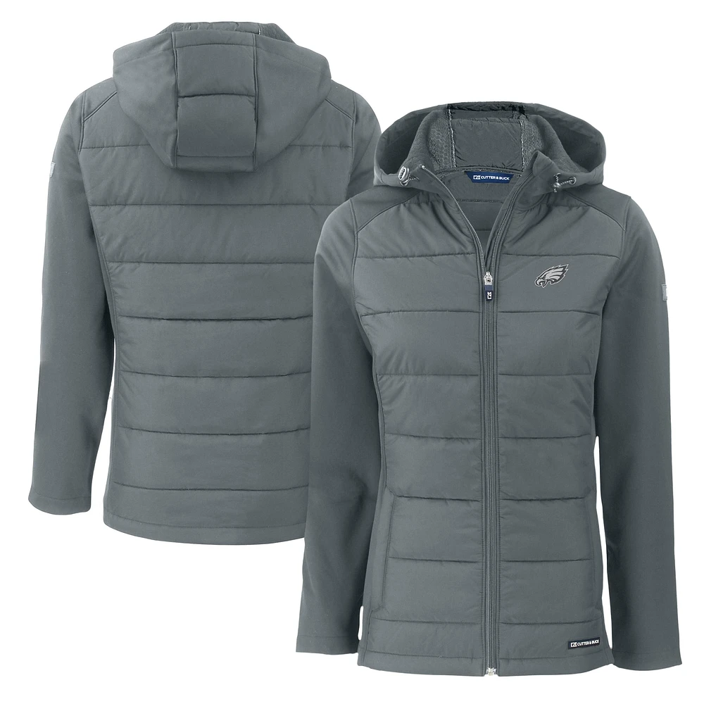 Women's Cutter & Buck Dark Gray Philadelphia Eagles Evoke Hybrid Eco Softshell Recycled Full-Zip Hoodie Jacket