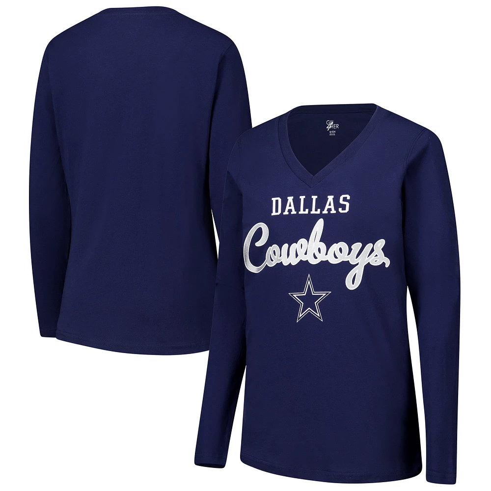 Women's G-III 4Her by Carl Banks Navy Dallas Cowboys Post Season Long Sleeve V-Neck T-Shirt