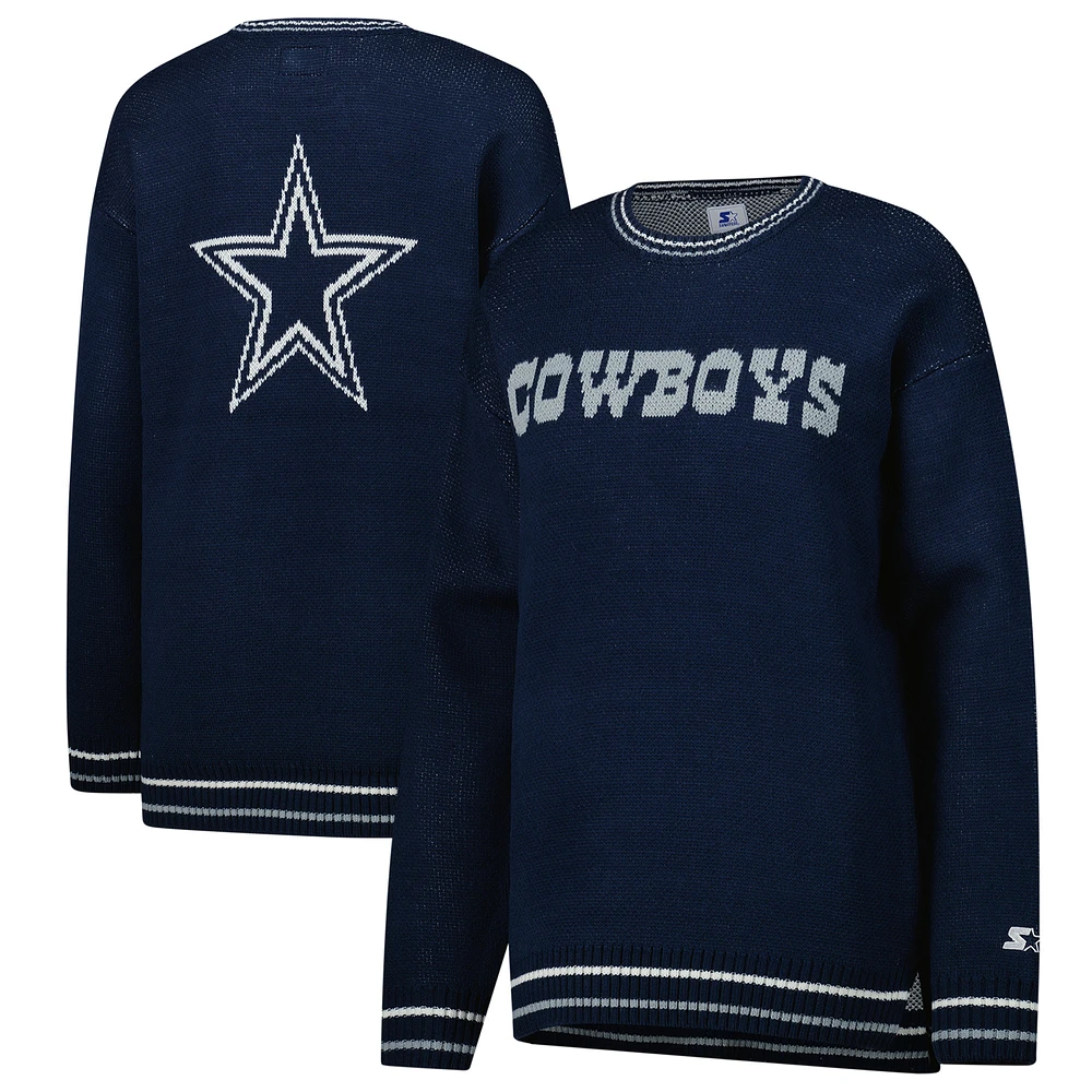 Women's Starter Navy Dallas Cowboys Oversized On the Ball Intarsia Knit Pullover Sweater