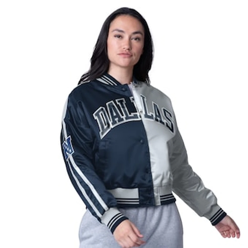 Women's Starter  Navy/Silver Dallas Cowboys Zone Blitz Cropped Full-Snap Satin Jacket