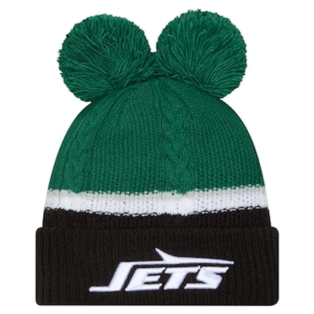 Women's New Era  Green New York Jets Double Bubble Cuffed Knit Hat with Poms