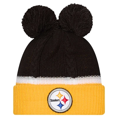 Women's New Era  Black Pittsburgh Steelers Double Bubble Cuffed Knit Hat with Poms