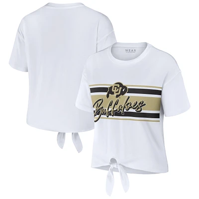 Women's WEAR by Erin Andrews White Colorado Buffaloes Striped Front Knot Cropped T-Shirt