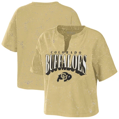 Women's WEAR by Erin Andrews Tan Colorado Buffaloes Bleach Wash Splatter Cropped Notch Neck T-Shirt