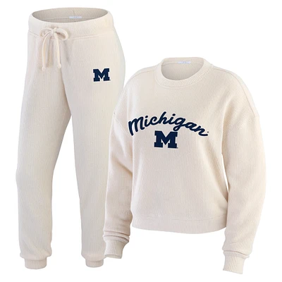 Women's WEAR by Erin Andrews  Cream Michigan Wolverines Rib-Knit Long Sleeve T-Shirt & Pants Lounge Set