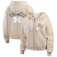 Women's WEAR by Erin Andrews Tan Michigan Wolverines Mixed Media Tonal Full-Zip Hoodie