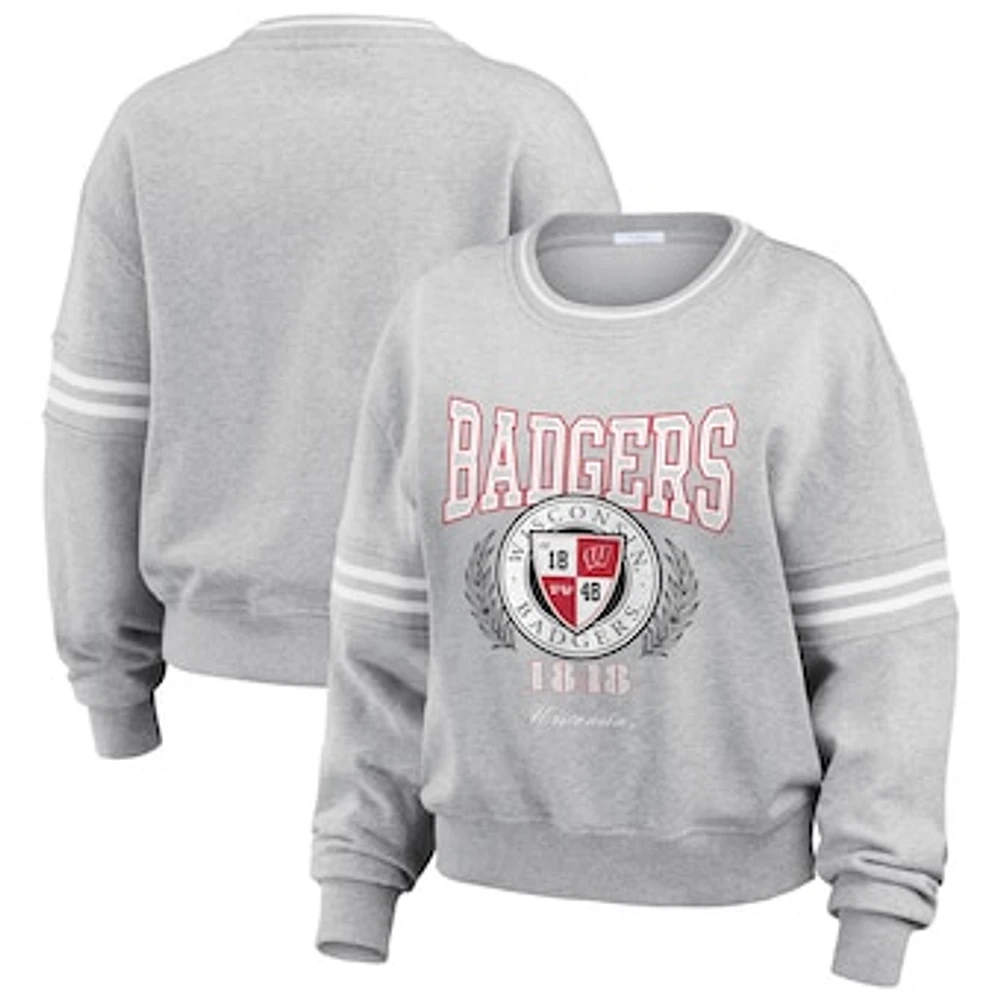 Women's WEAR by Erin Andrews Heather Gray Wisconsin Badgers Classic Stripe Pullover Sweater