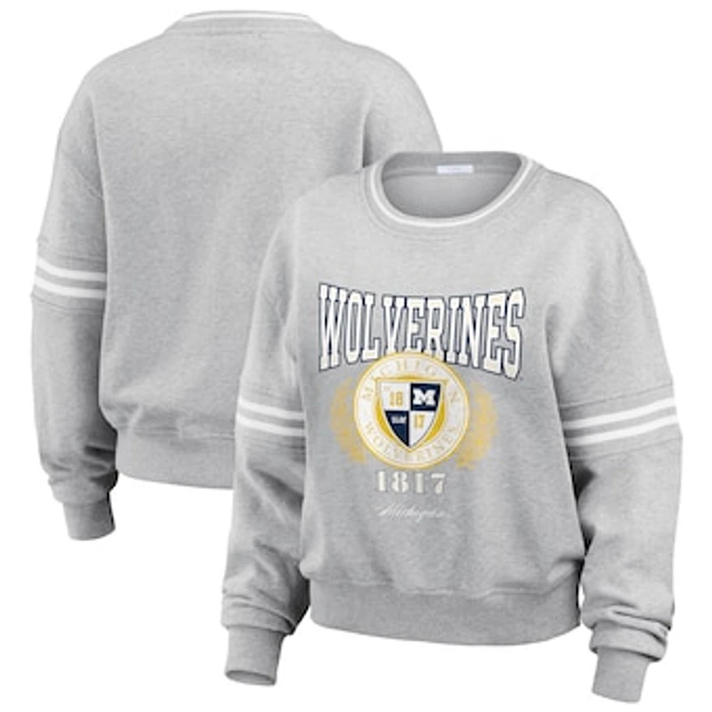 Women's WEAR by Erin Andrews Heather Gray Michigan Wolverines Classic Stripe Pullover Sweater