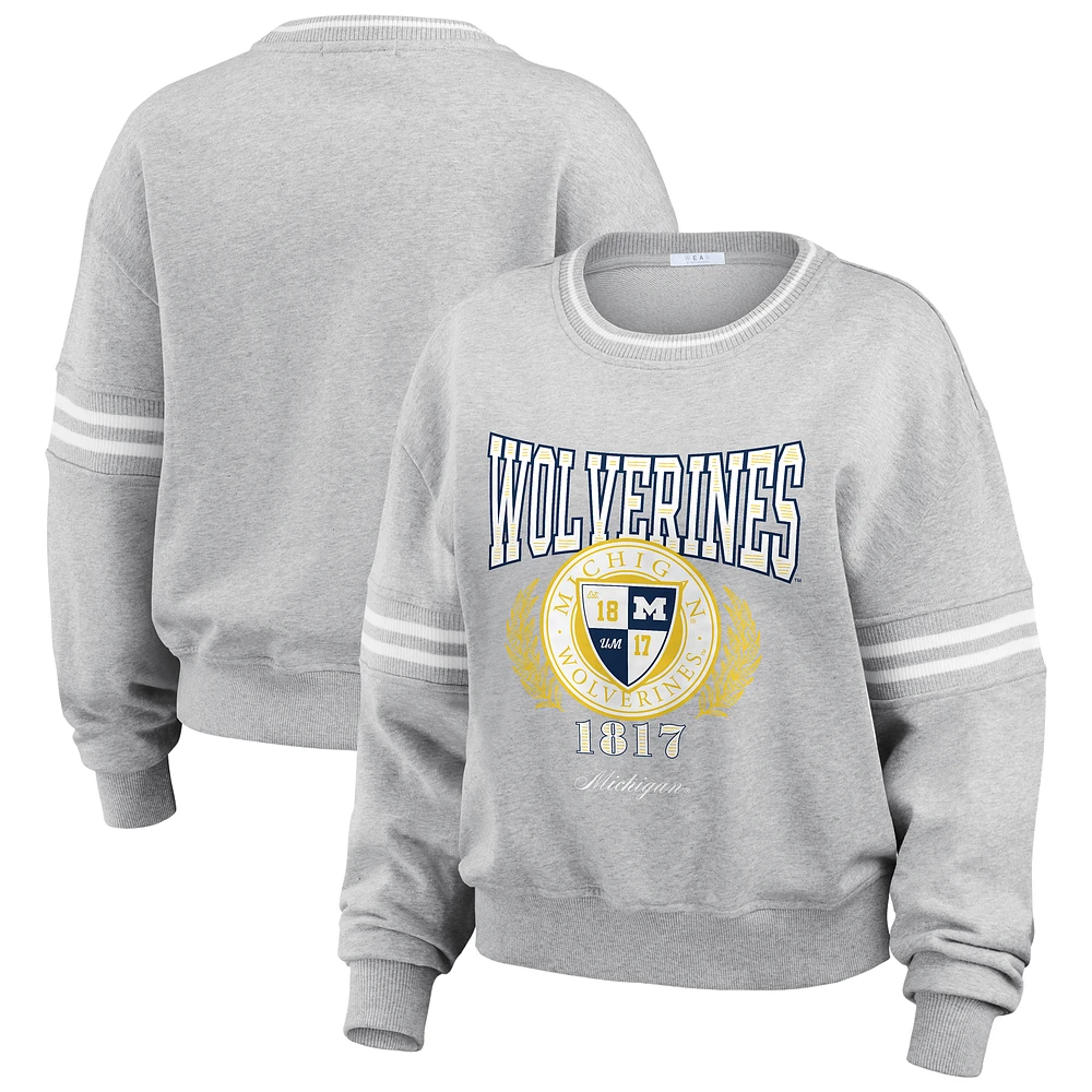 Women's WEAR by Erin Andrews Heather Gray Michigan Wolverines Classic Stripe Pullover Sweater