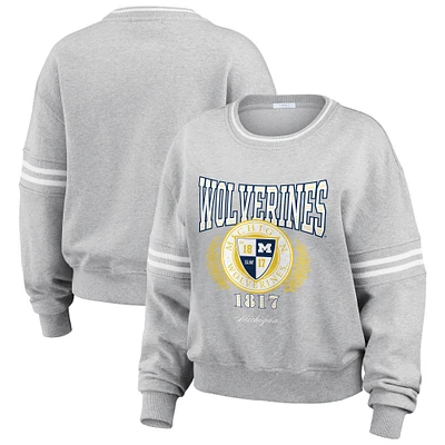 Women's WEAR by Erin Andrews Heather Gray Michigan Wolverines Classic Stripe Pullover Sweater