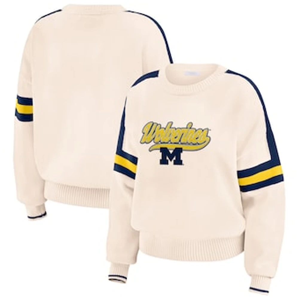 Women's WEAR by Erin Andrews  Cream Michigan Wolverines Chenille Woven Patch Stripe Pullover Sweater