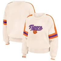 Women's WEAR by Erin Andrews  Cream Clemson Tigers Chenille Woven Patch Stripe Pullover Sweater