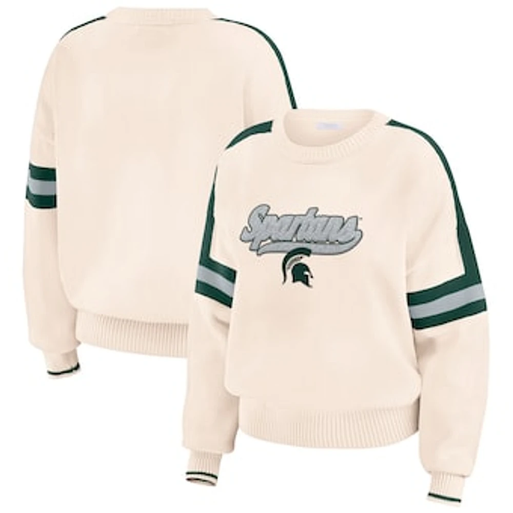 Women's WEAR by Erin Andrews  Cream Michigan State Spartans Chenille Woven Patch Stripe Pullover Sweater