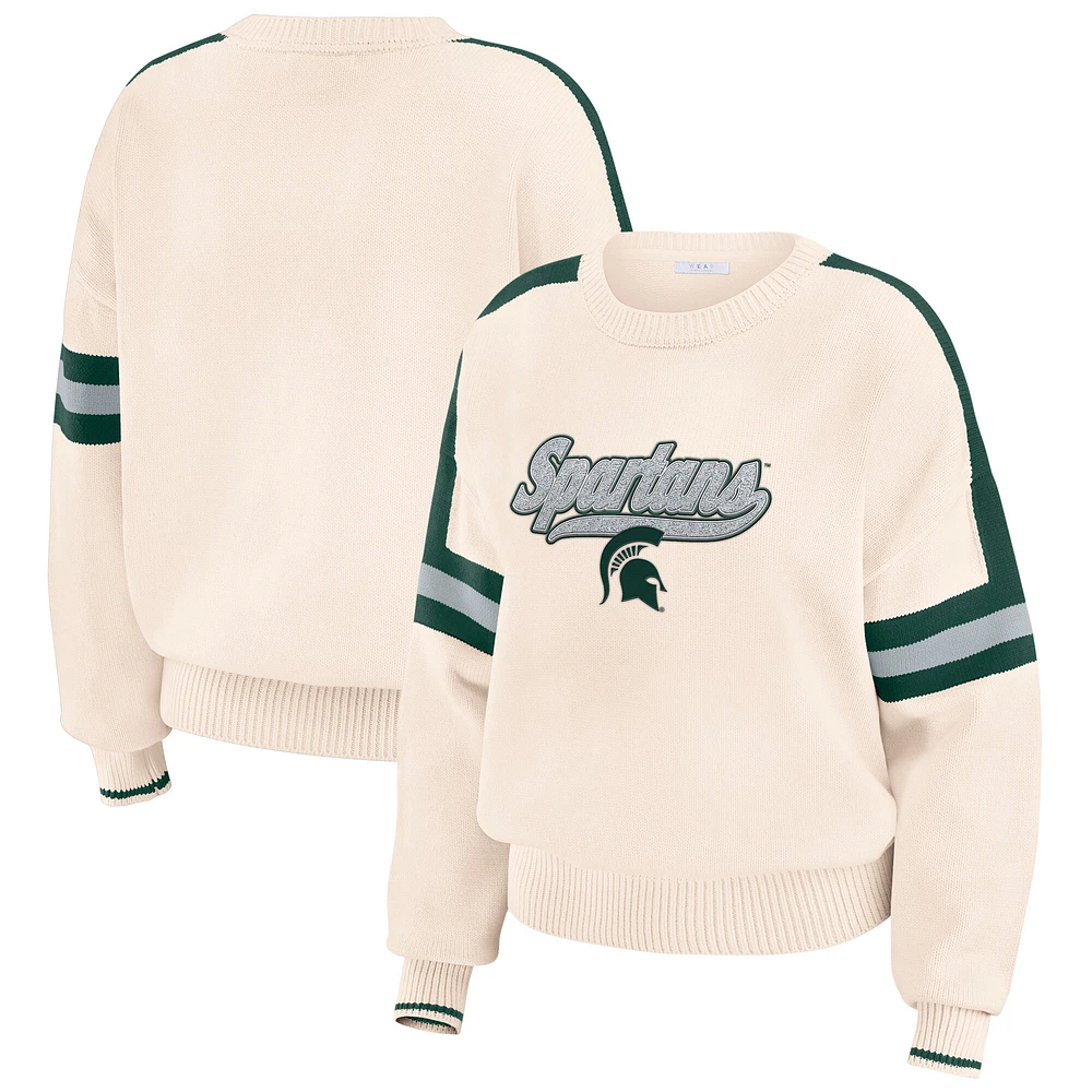 Women's WEAR by Erin Andrews  Cream Michigan State Spartans Chenille Woven Patch Stripe Pullover Sweater