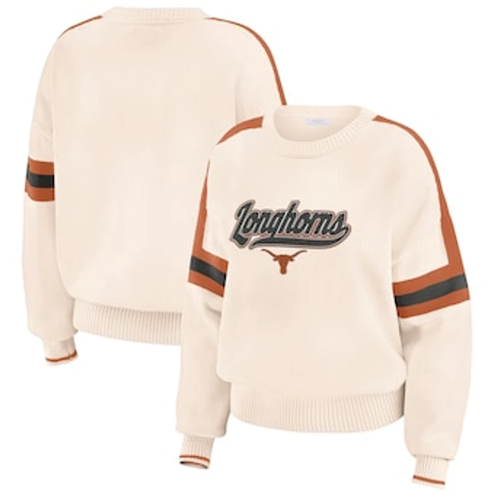 Women's WEAR by Erin Andrews  Cream Texas Longhorns Chenille Woven Patch Stripe Pullover Sweater