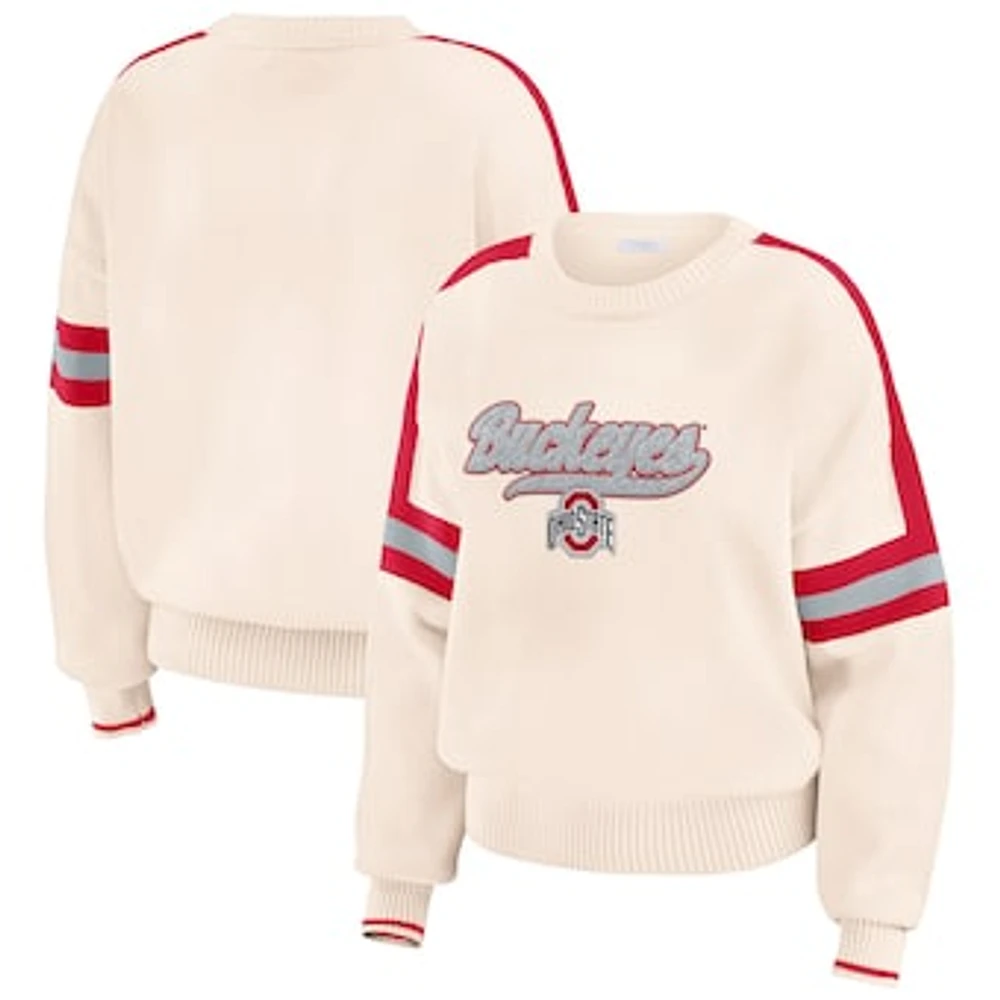 Women's WEAR by Erin Andrews  Cream Ohio State Buckeyes Chenille Woven Patch Stripe Pullover Sweater