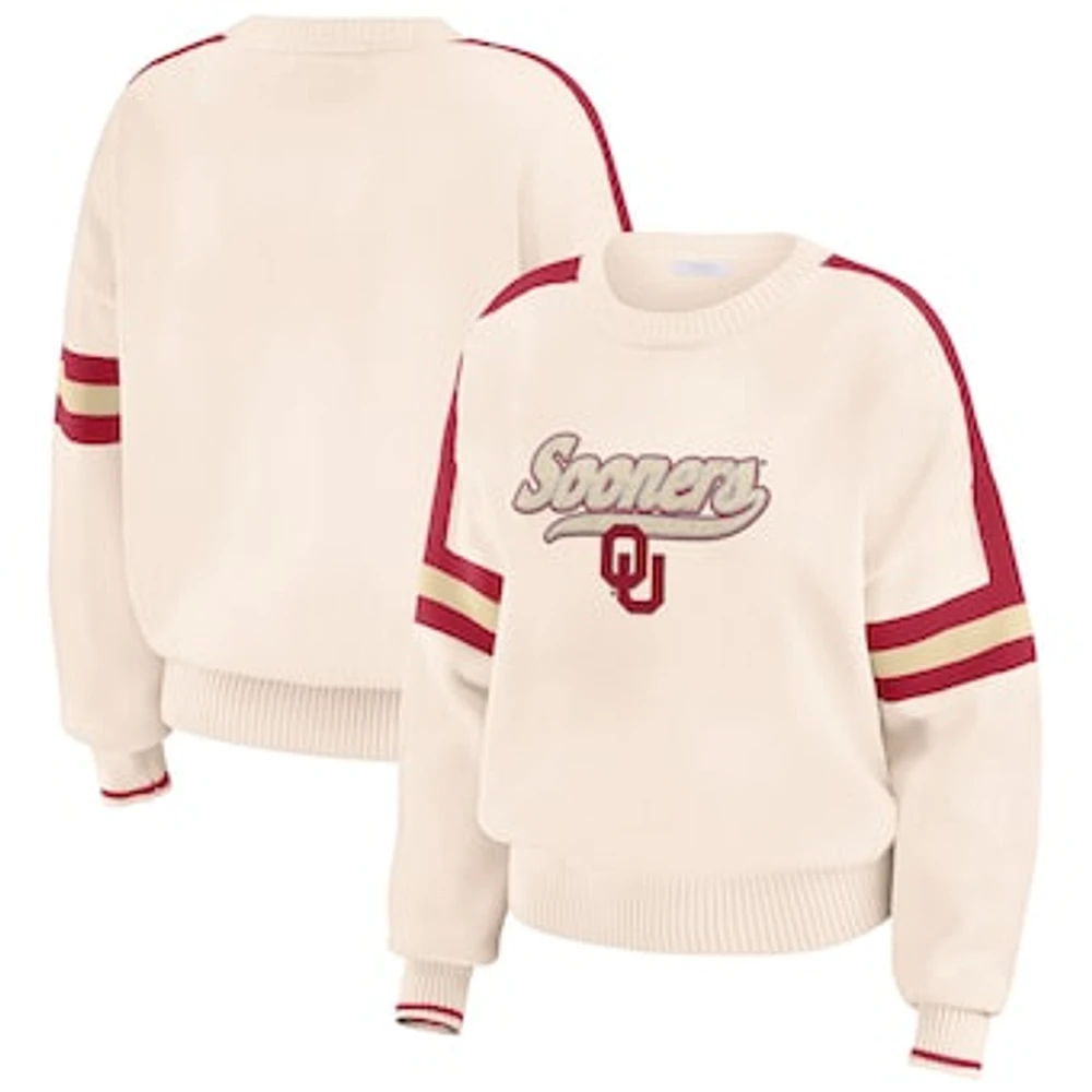 Women's WEAR by Erin Andrews  Cream Oklahoma Sooners Chenille Woven Patch Stripe Pullover Sweater