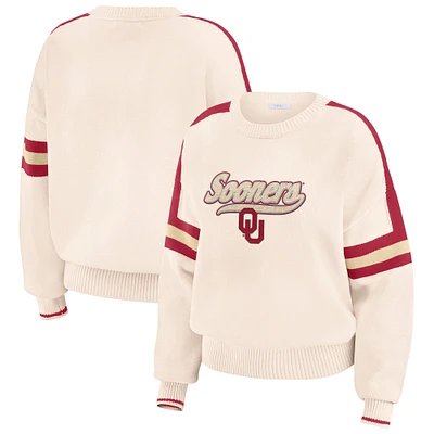 Women's WEAR by Erin Andrews  Cream Oklahoma Sooners Chenille Woven Patch Stripe Pullover Sweater