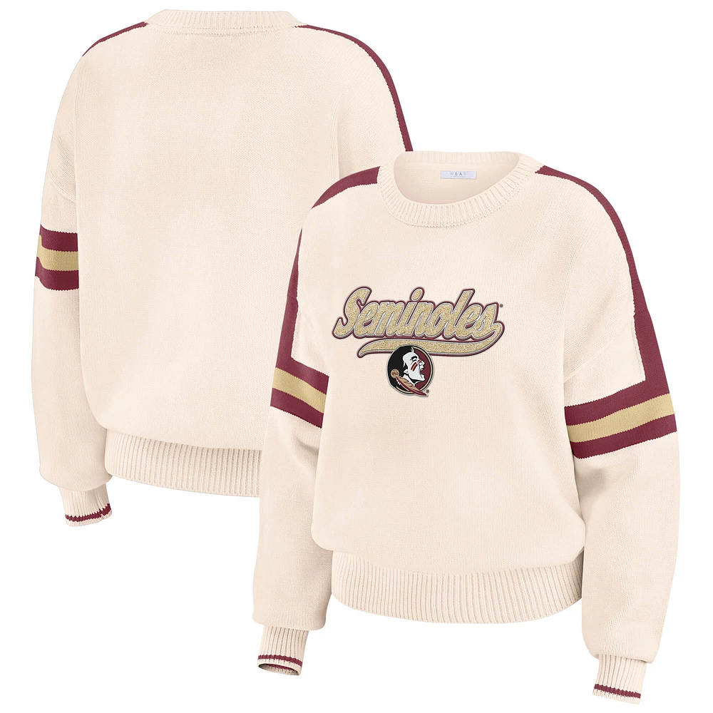 Women's WEAR by Erin Andrews  Cream Florida State Seminoles Chenille Woven Patch Stripe Pullover Sweater