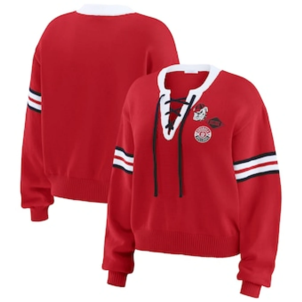 Women's WEAR by Erin Andrews Red Georgia Bulldogs Lace-Up Pullover Sweater