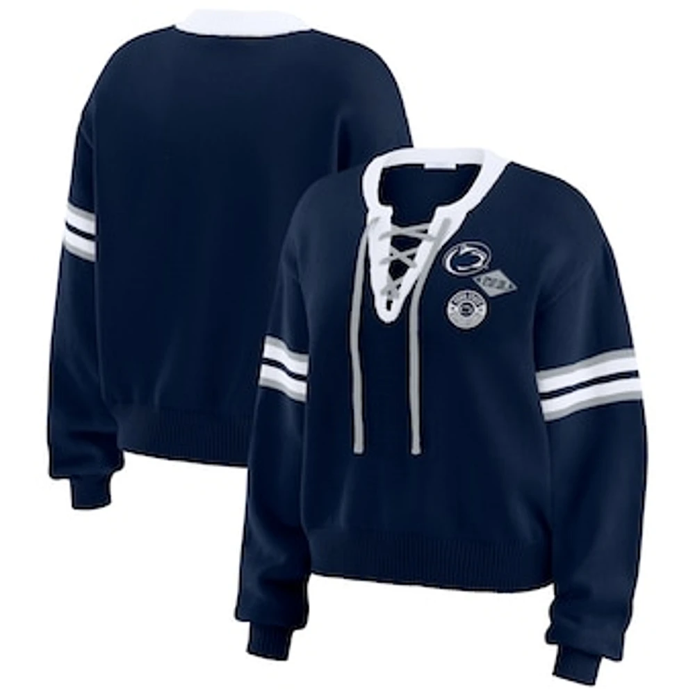 Women's WEAR by Erin Andrews Navy Penn State Nittany Lions Lace-Up Pullover Sweater