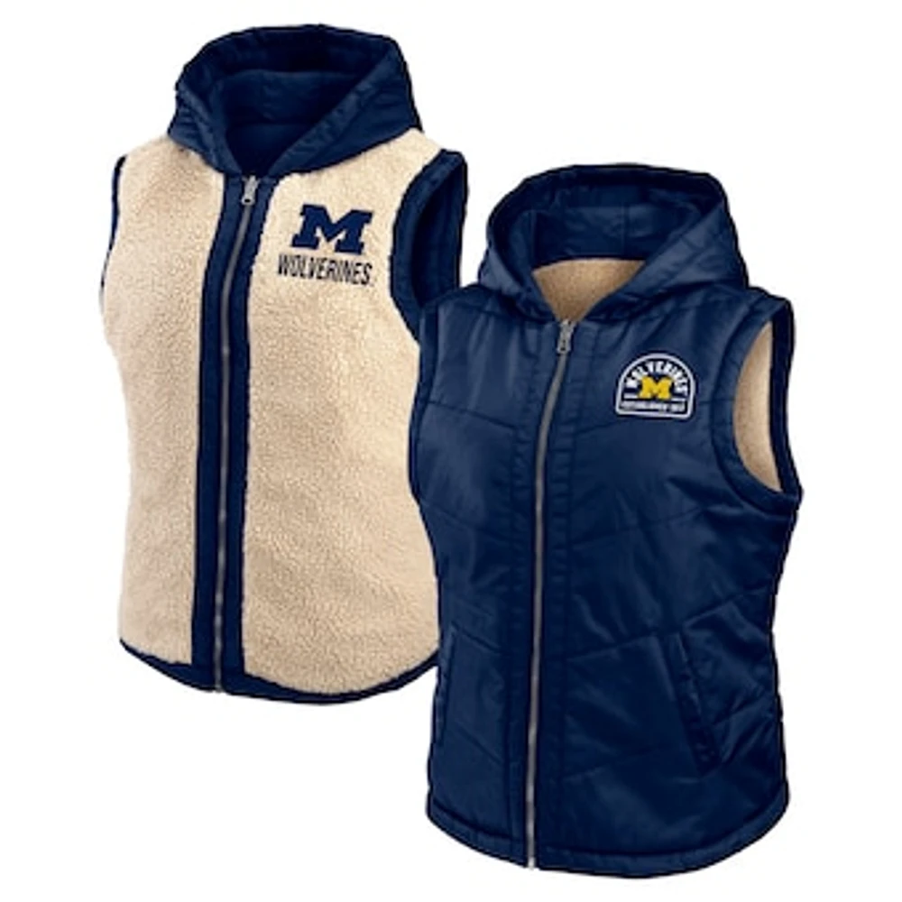 Women's WEAR by Erin Andrews Navy/Cream Michigan Wolverines Reversible Full-Zip Hoodie Vest