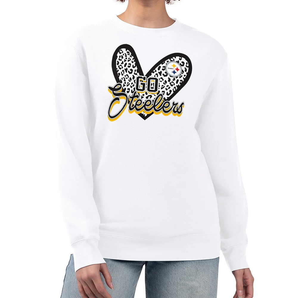Women's G-III 4Her by Carl Banks White Pittsburgh Steelers Leopard Heart Pullover Sweatshirt